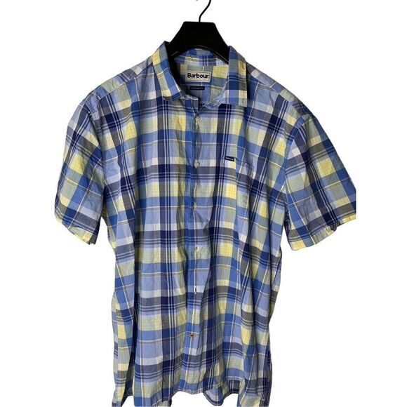 Barbour short sleeve button down shirt blue yellow men’s size XL - Picture 1 of 6
